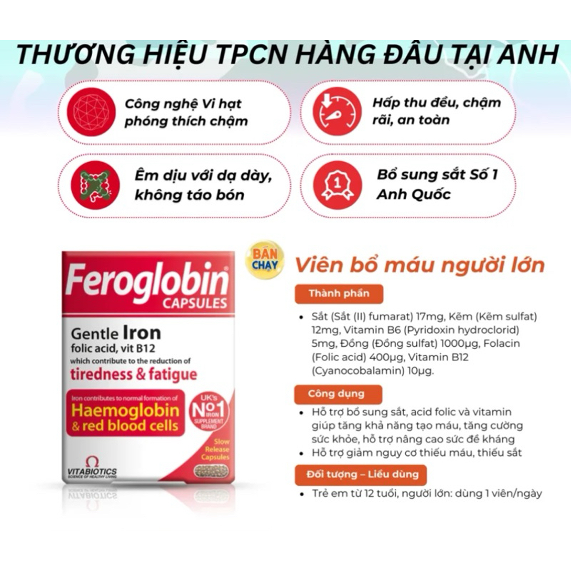 Feroglobin Capsule H/30v VITABIOTICS Viên Bổ Máu Người Lớn và Bầu-duoc-ban-tai-Alice Boutique