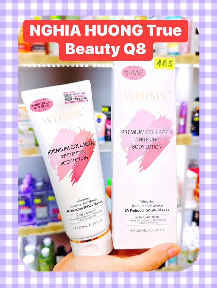 Kem trang điểm chống nắng, dưỡng trắng và nâng tone Whisis Premium Collagen Whitening Body Lotion SPF50+/PA++++ 200ml-duoc-ban-tai-NGHIA HUONG True Beauty