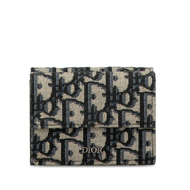 Dior Oblique Tri-fold Wallet Navy Beige Canvas Leather Women's Dior-duoc-ban-tai-THE BOX LUXURY