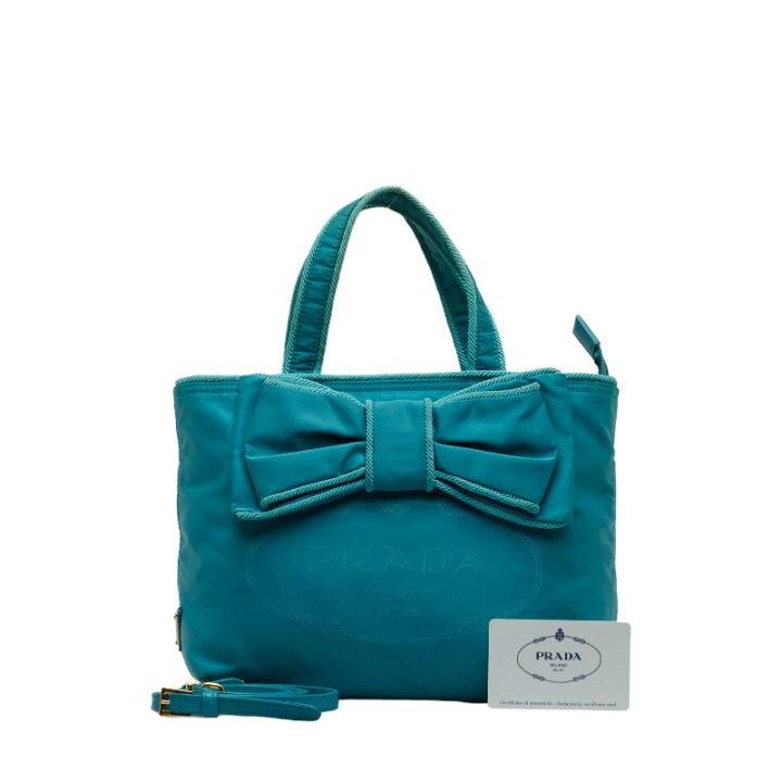 Prada Logo Jacquard Ribbon Handbag Shoulder Bag 2WAY 1BA084 Blue Nylon Leather Women's PRADA-duoc-ban-tai-THE BOX LUXURY