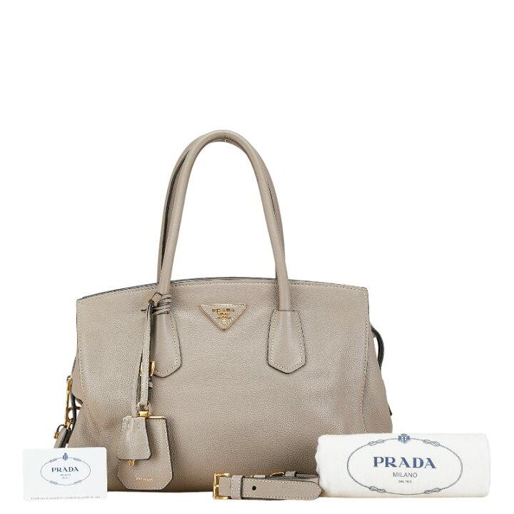 Prada Triangle Logo Plate Handbag Shoulder Bag 2WAY BN2769 Greige Leather Women's PRADA-duoc-ban-tai-THE BOX LUXURY