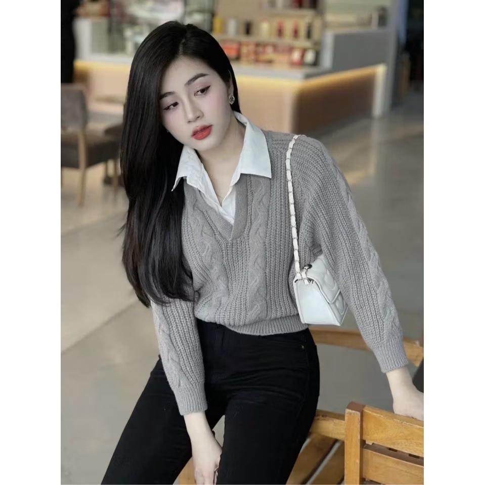 Áo Len Phối Cổ Sơ Mi ( Có 4 Màu)-duoc-ban-tai-Hana Trâm Shop