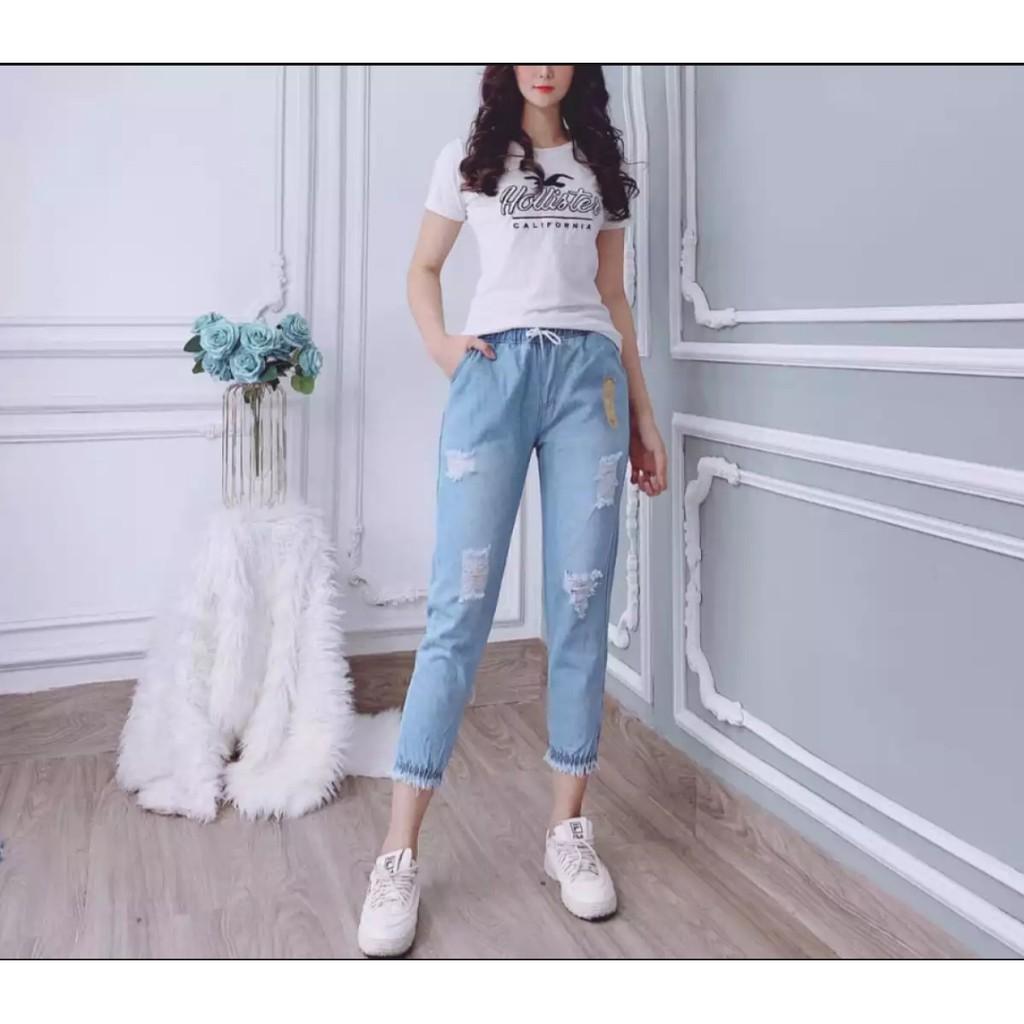 Quần baggy jean nữ lưng thun mẫu rách lai bo tua Lai ( 2 Màu )-duoc-ban-tai-Hana Trâm Shop