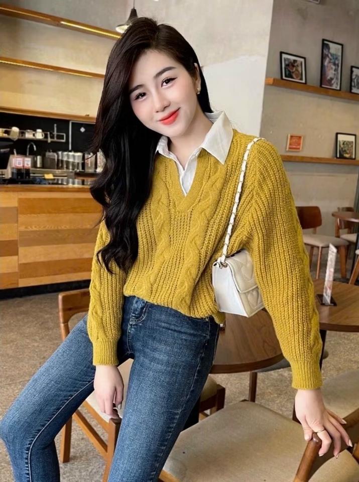 Áo Len Phối Cổ Sơ Mi ( Có 4 Màu)-duoc-ban-tai-Hana Trâm Shop