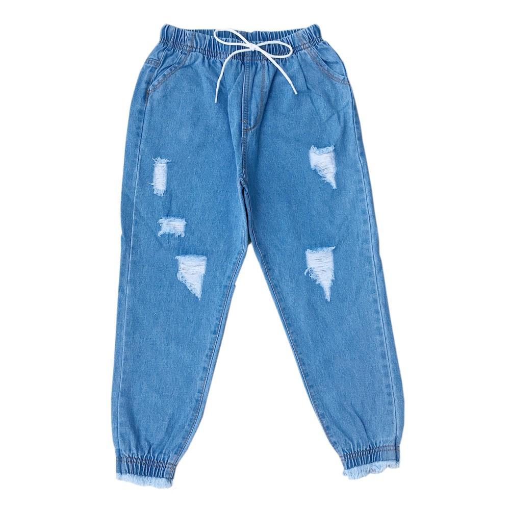 Quần baggy jean nữ lưng thun mẫu rách lai bo tua Lai ( 2 Màu )-duoc-ban-tai-Hana Trâm Shop