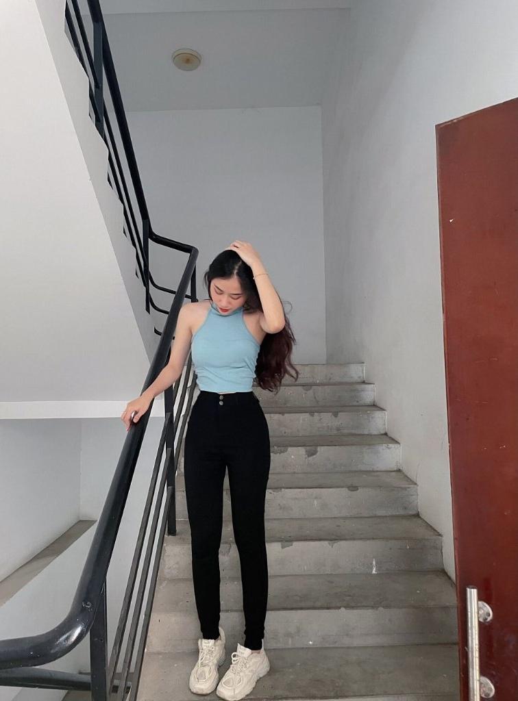 Quần Tregging Kaki Dài Nữ Co Giãn Mạnh Siêu Xinh Màu Đen Lưng Cao 2 Nút-duoc-ban-tai-Hana Trâm Shop