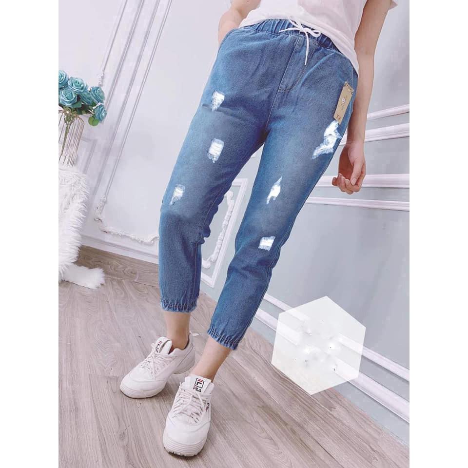 Quần baggy jean nữ lưng thun mẫu rách lai bo tua Lai ( 2 Màu )-duoc-ban-tai-Hana Trâm Shop