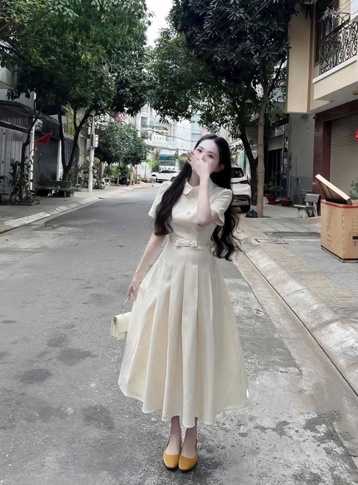 Váy tiểu thư xếp ly bồng  2 lớp kèm nút đá-duoc-ban-tai-By.linhcam