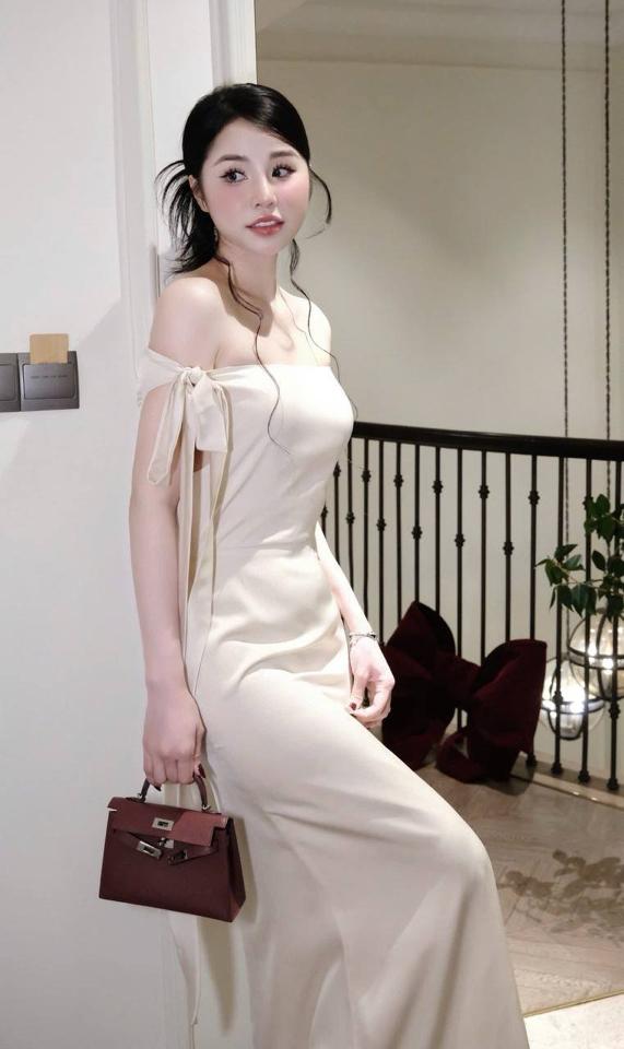 Đầm lụa satin trễ vai thắt nơ dáng dài-duoc-ban-tai-By.linhcam