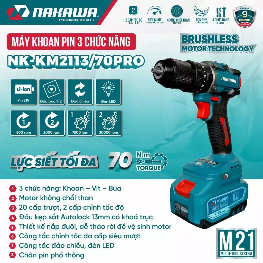 Máy khoan pin 3 chức năng NAKAWA NK-KM2113/70PRO-duoc-ban-tai-Trung Tâm Điện Máy Hoàng Mỹ