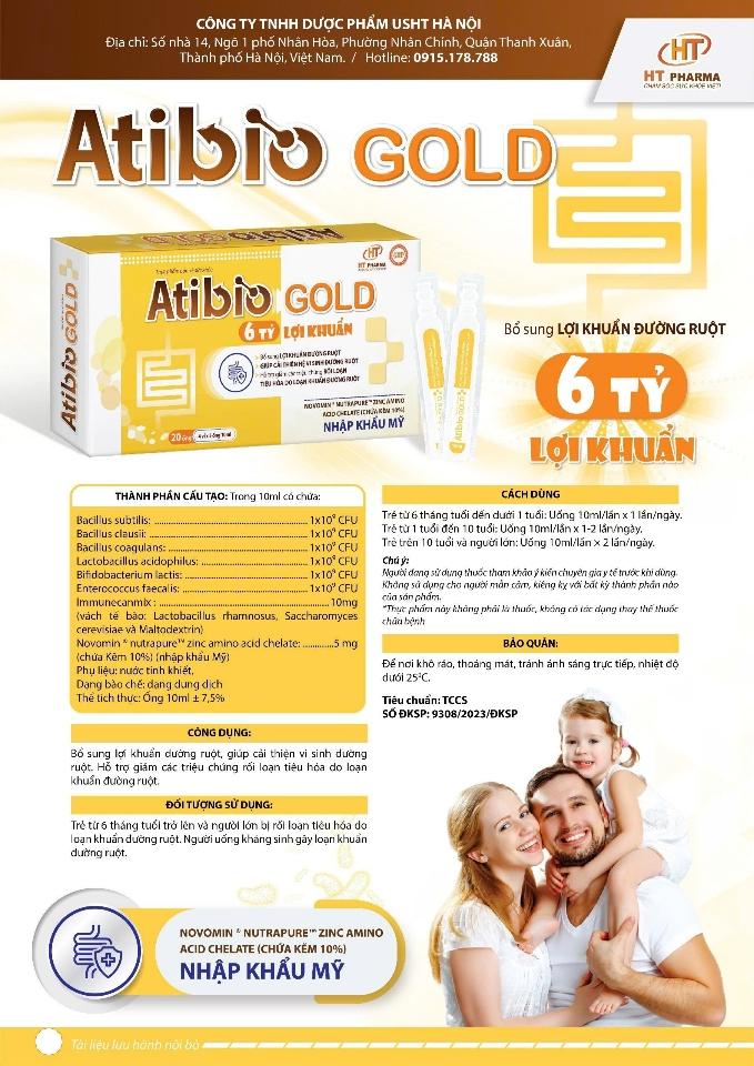 Men ống Atibio Gold, Hộp 20 ống - 6 tỷ lợi khuẩn, Novomin (Zinc amino acid chelate). Giúp cải thiện hệ vi sinh đường ruột-duoc-ban-tai-Usht pharma