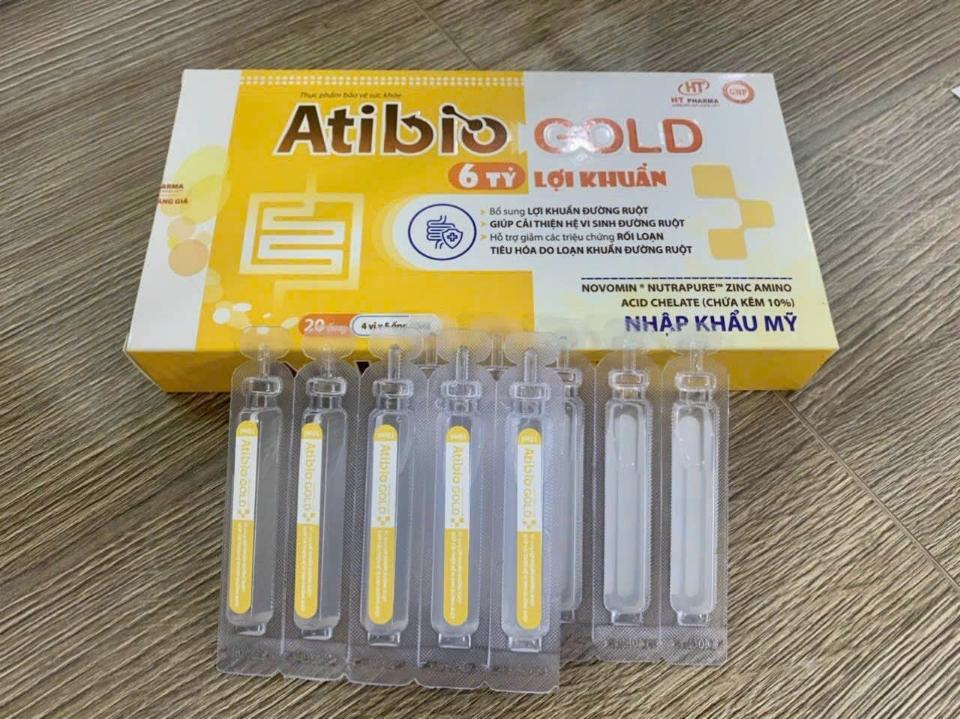 Men ống Atibio Gold, Hộp 20 ống - 6 tỷ lợi khuẩn, Novomin (Zinc amino acid chelate). Giúp cải thiện hệ vi sinh đường ruột-duoc-ban-tai-Usht pharma