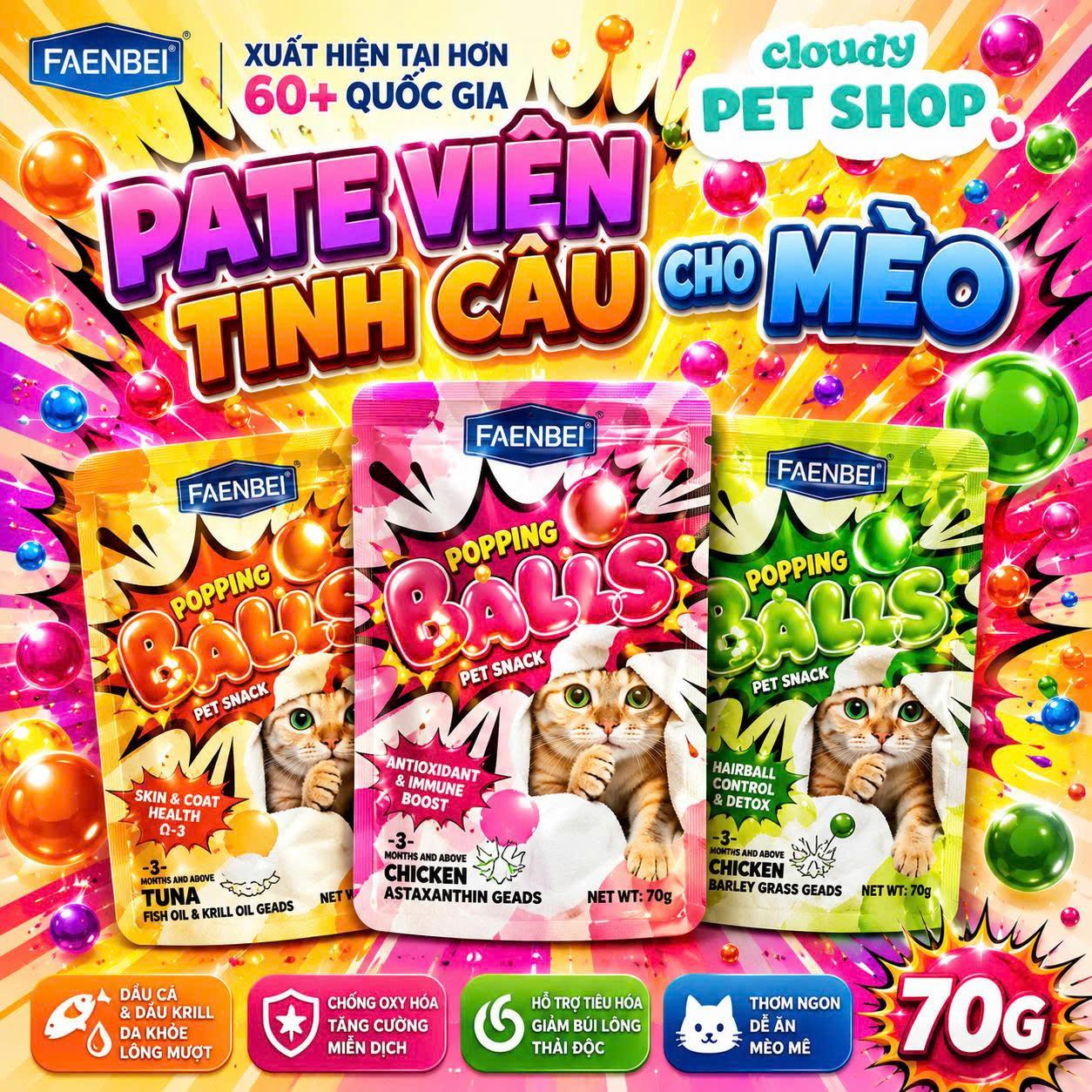 PATE GÓI FAENBEI POPPING BEADS CHO MÈO VIÊN TINH THỂ 70G-duoc-ban-tai-CLOUDY PET SHOP