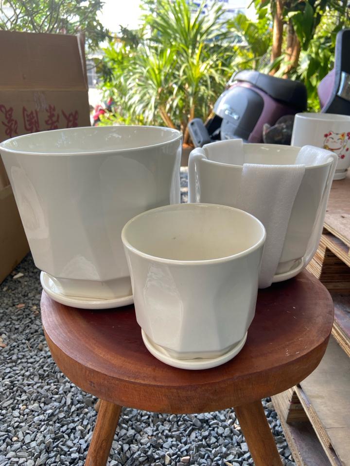 Chậu sứ kèm dĩa bộ 3 sọc bo vát cứng-duoc-ban-tai-Nam Kim Garden