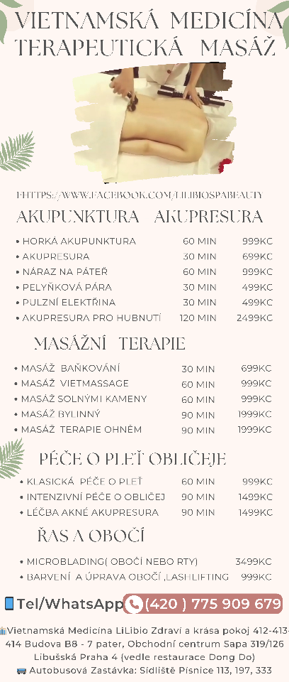 Massage Masáž

Việt Nam-duoc-ban-tai-VIỆT Y THUẬT LILIBIO HEALTH & BEAUTY DƯỠNG SINH TRỊ LIỆU