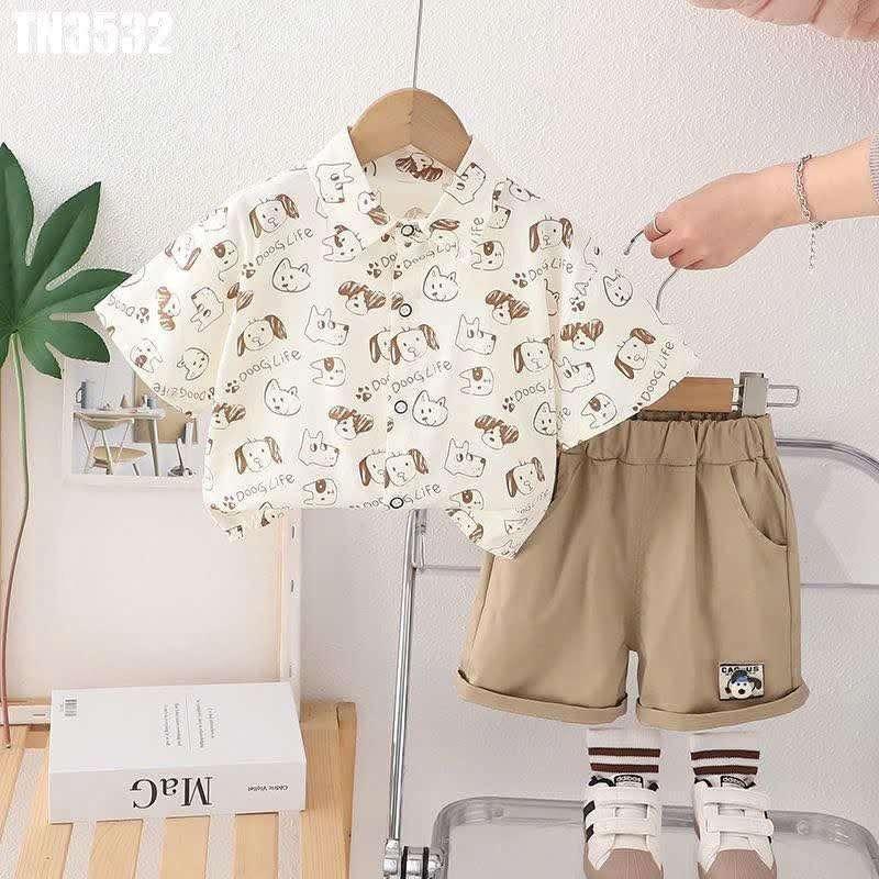 TN3532 - Set áo sơ mi con vật kèm quần nâu-duoc-ban-tai-Nhập Khẩu Chính Hãng