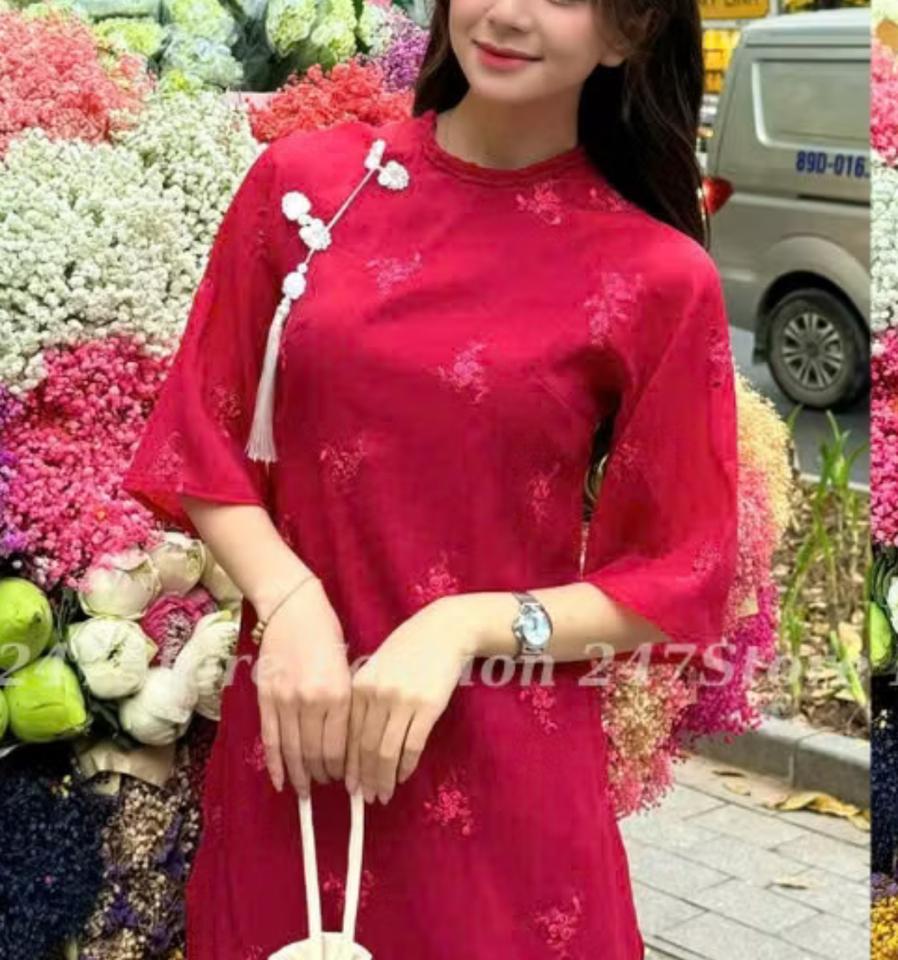 ĐỎ - AD Áo dài cách tân nữ 4 tà vải tơ thêu cổ - 24Feb. studio-duoc-ban-tai-MICHIDO - CHO THUÊ VÁY ĐẦM XINH