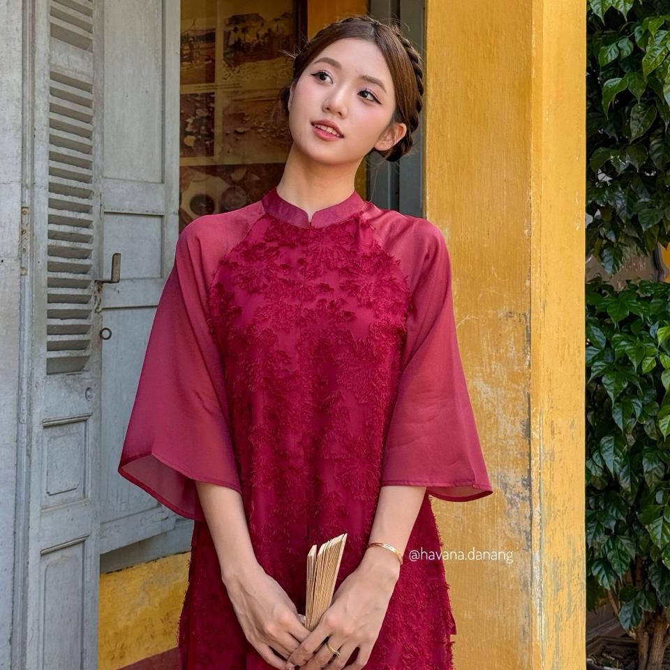 ĐỎ - AD tứ thân lông vũ phối voan tơ Chi Yên-duoc-ban-tai-MICHIDO - CHO THUÊ VÁY ĐẦM XINH