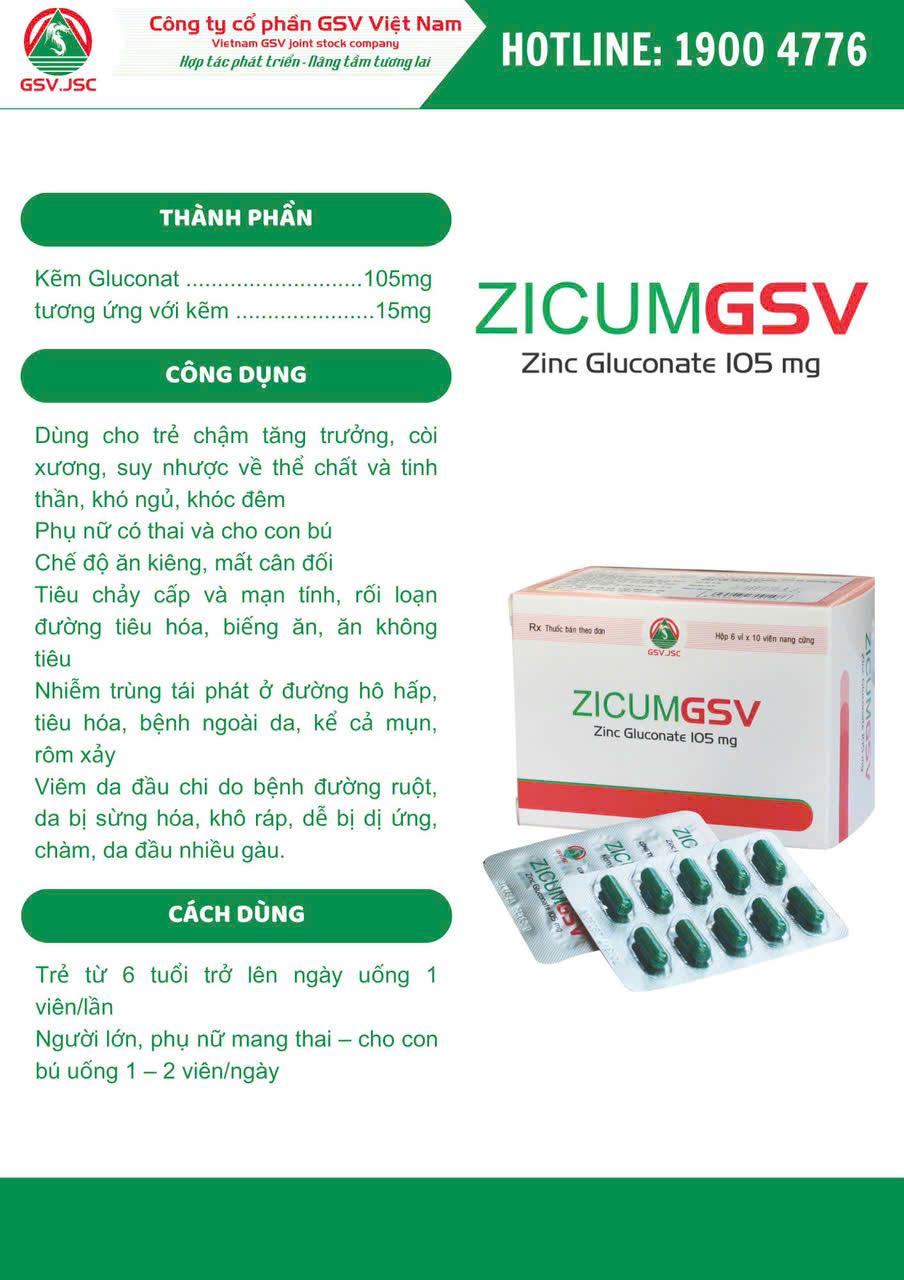 ZICUM GSV  ( Zinc Gluconate 105mg ) Hộp 6 Vỉ x 10 Viên GSV-duoc-ban-tai-Dược Châu Long