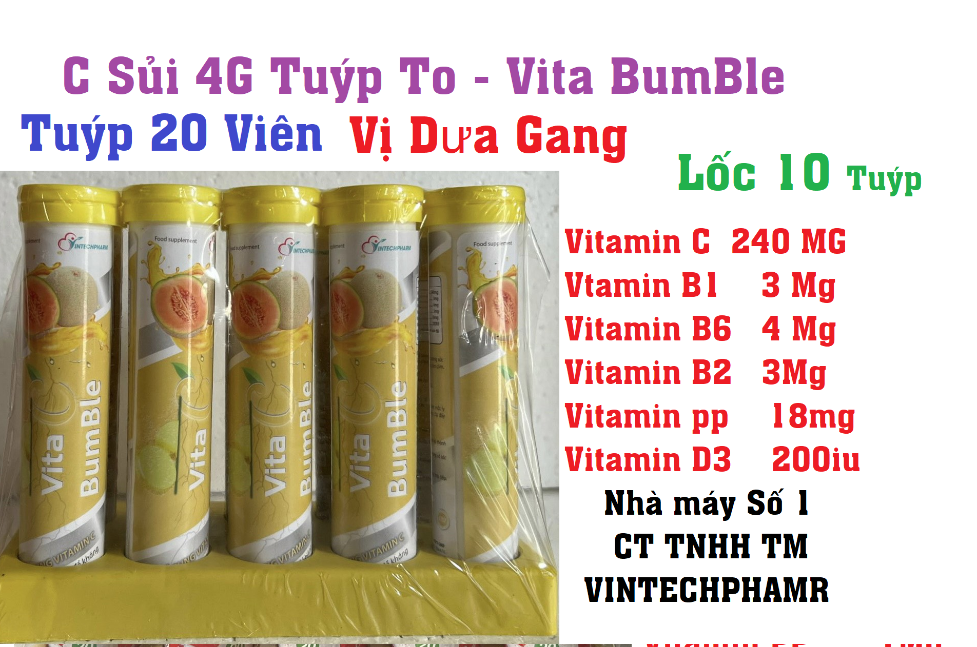 C Sủi 4 G Vita Mutivitamin Bumble Vị Dưa Gang Tuýp 20 Viên Vintechpharm-duoc-ban-tai-Dược Châu Long