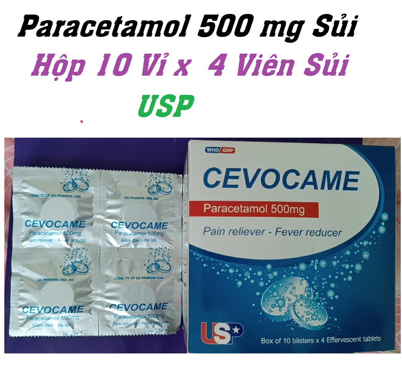 CEVOCAM Viên Sủi ( Paracetamol 500 mg ) Hộp 10 Vỉ x 4 Viên USA-duoc-ban-tai-Dược Châu Long