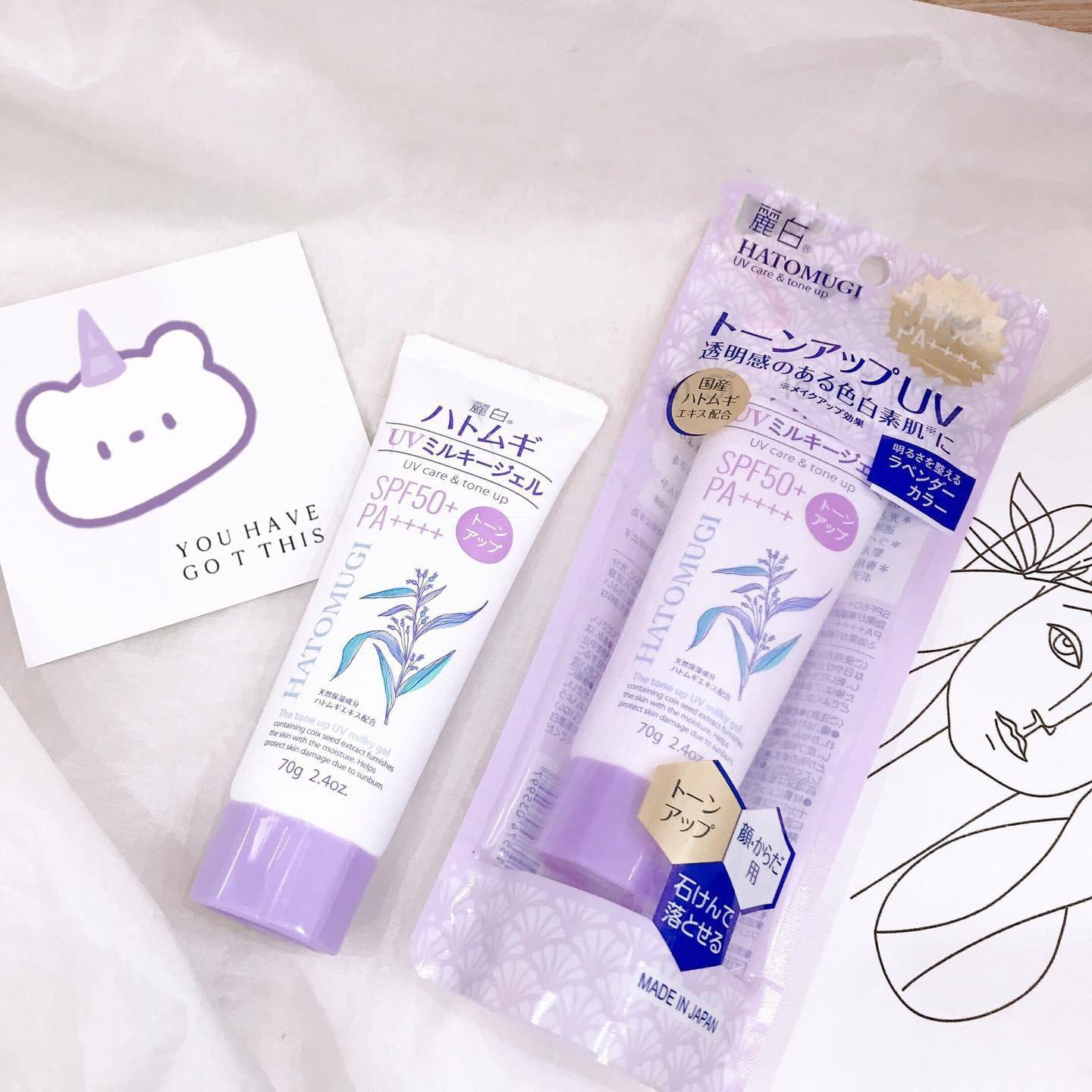 KEM CHỐNG NẮNG HATOMUGI NHẬT THE TONE UP UV MILKY GEL SPF 50+/PA++++ 70GR nâng tông da-duoc-ban-tai-Hàng Nhật nội địa- Hello Tokyo Shop