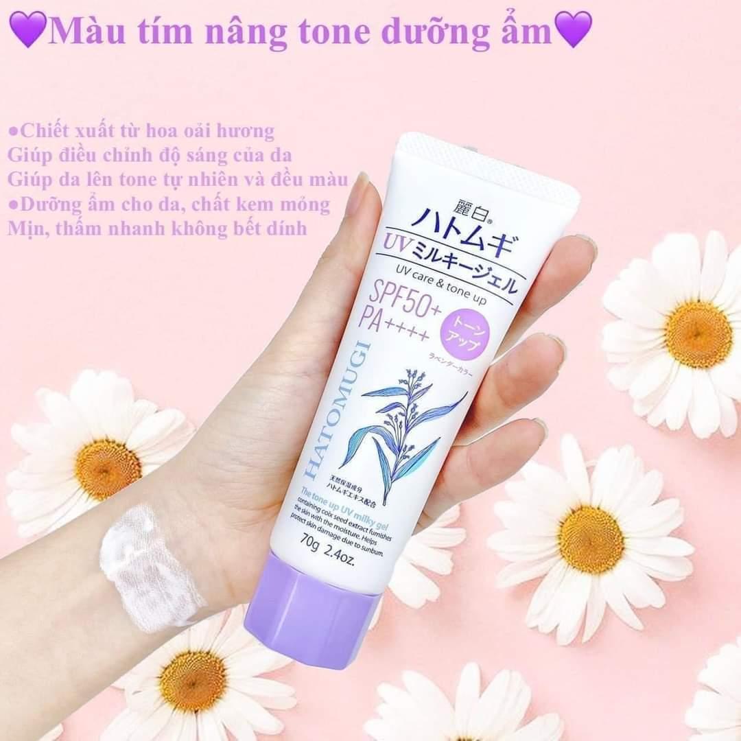 KEM CHỐNG NẮNG HATOMUGI NHẬT THE TONE UP UV MILKY GEL SPF 50+/PA++++ 70GR nâng tông da-duoc-ban-tai-Hàng Nhật nội địa- Hello Tokyo Shop