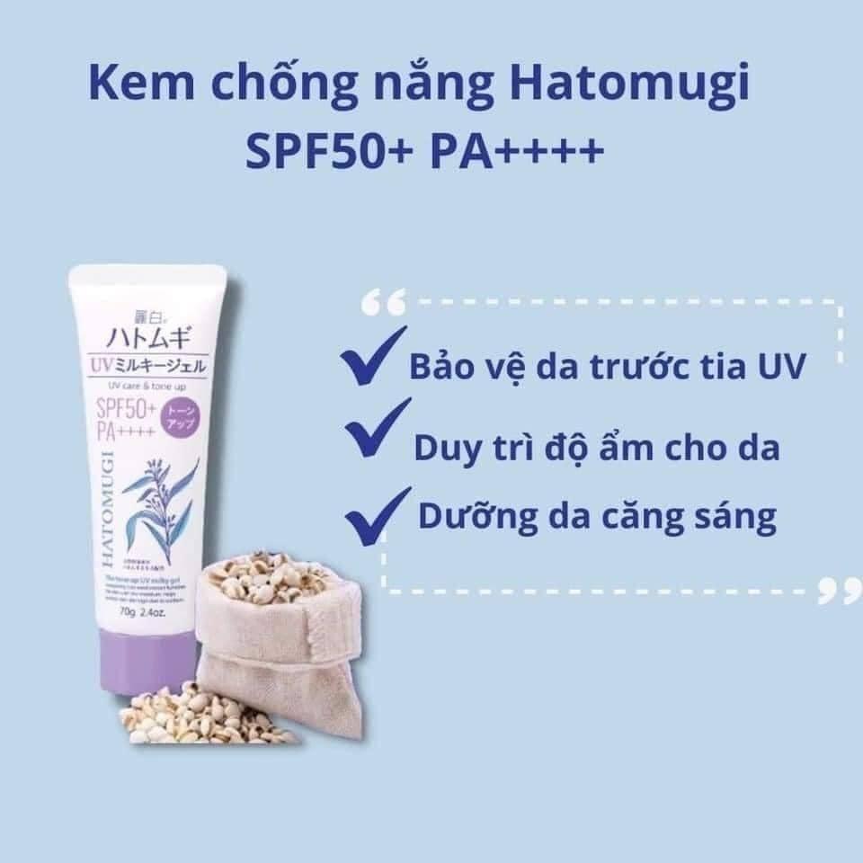 KEM CHỐNG NẮNG HATOMUGI NHẬT THE TONE UP UV MILKY GEL SPF 50+/PA++++ 70GR nâng tông da-duoc-ban-tai-Hàng Nhật nội địa- Hello Tokyo Shop