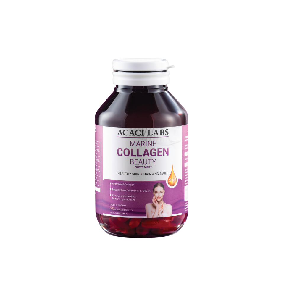 Viên uống collagen thủy phân hỗ trợ da móng tóc khỏe đẹp Acaci Labs Marine Collagen Beauty Australia (hộp 90 viên), + Làm mờ các vết nám tàn nhan, cung cấp độ ẩm cho da để có được làn da sáng tự nhiên.  + Giảm rõ rệt các nếp nhăn sâu, tăng độ đàn hồi-duoc-ban-tai-Alice Quỳnh