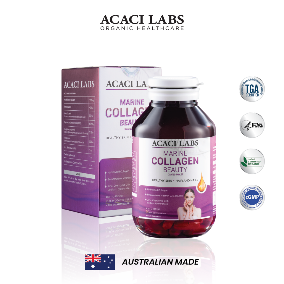 Viên uống collagen thủy phân hỗ trợ da móng tóc khỏe đẹp Acaci Labs Marine Collagen Beauty Australia (hộp 90 viên), + Làm mờ các vết nám tàn nhan, cung cấp độ ẩm cho da để có được làn da sáng tự nhiên.  + Giảm rõ rệt các nếp nhăn sâu, tăng độ đàn hồi-duoc-ban-tai-Alice Quỳnh