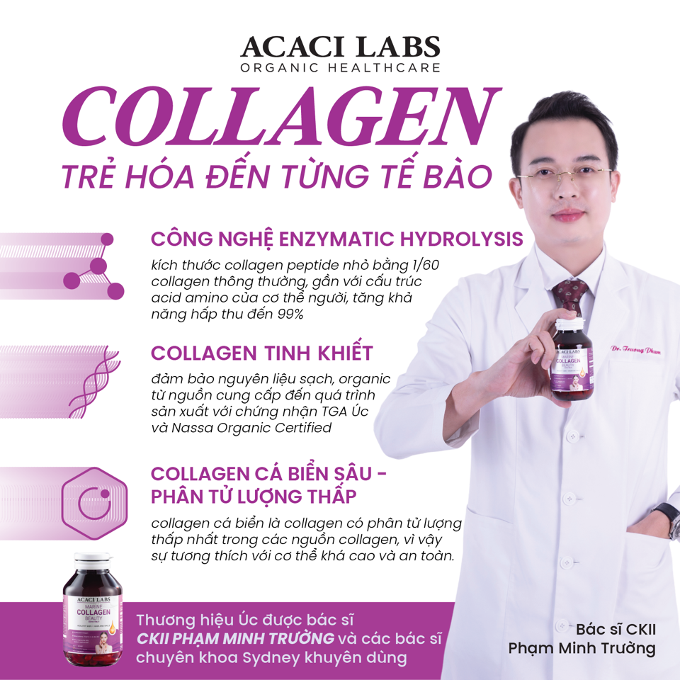Viên uống collagen thủy phân hỗ trợ da móng tóc khỏe đẹp Acaci Labs Marine Collagen Beauty Australia (hộp 90 viên), + Làm mờ các vết nám tàn nhan, cung cấp độ ẩm cho da để có được làn da sáng tự nhiên.  + Giảm rõ rệt các nếp nhăn sâu, tăng độ đàn hồi-duoc-ban-tai-Alice Quỳnh