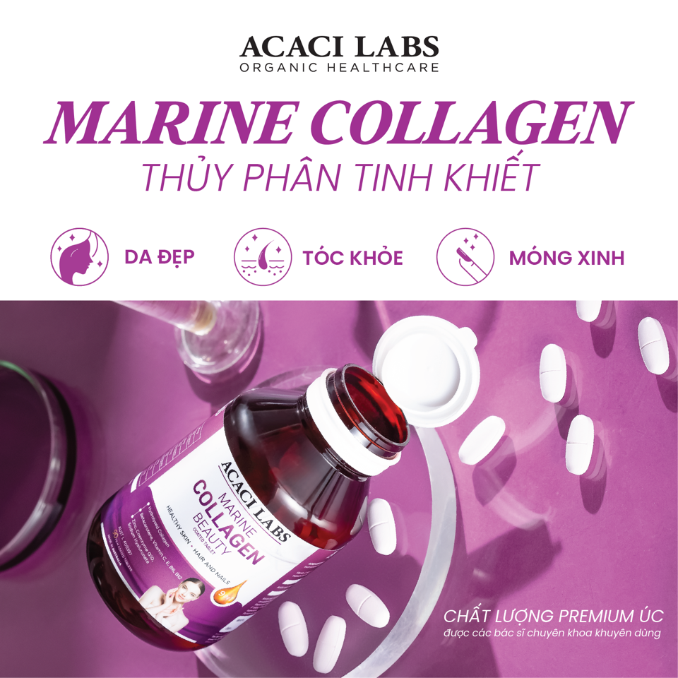 Viên uống collagen thủy phân hỗ trợ da móng tóc khỏe đẹp Acaci Labs Marine Collagen Beauty Australia (hộp 90 viên), + Làm mờ các vết nám tàn nhan, cung cấp độ ẩm cho da để có được làn da sáng tự nhiên.  + Giảm rõ rệt các nếp nhăn sâu, tăng độ đàn hồi-duoc-ban-tai-Alice Quỳnh