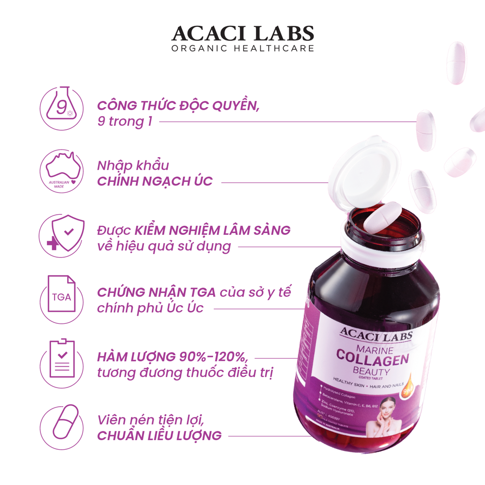 Viên uống collagen thủy phân hỗ trợ da móng tóc khỏe đẹp Acaci Labs Marine Collagen Beauty Australia (hộp 90 viên), + Làm mờ các vết nám tàn nhan, cung cấp độ ẩm cho da để có được làn da sáng tự nhiên.  + Giảm rõ rệt các nếp nhăn sâu, tăng độ đàn hồi-duoc-ban-tai-Alice Quỳnh