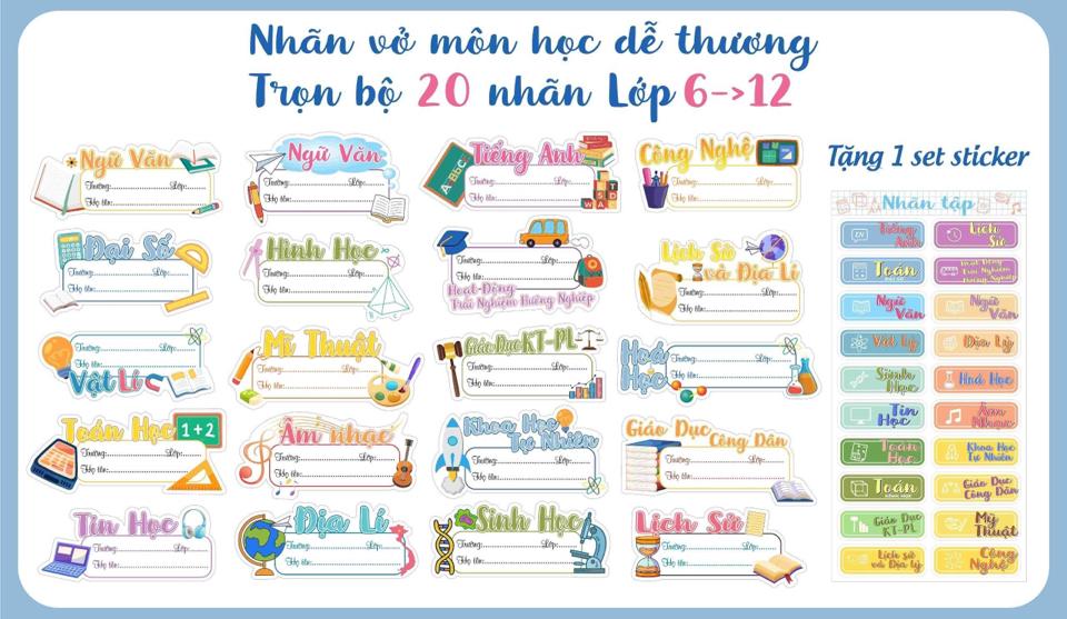 Set 20 nhãn vở in theo môn học cấp 1-2-3 -duoc-ban-tai-Trạm Học Tập Miss Trinh