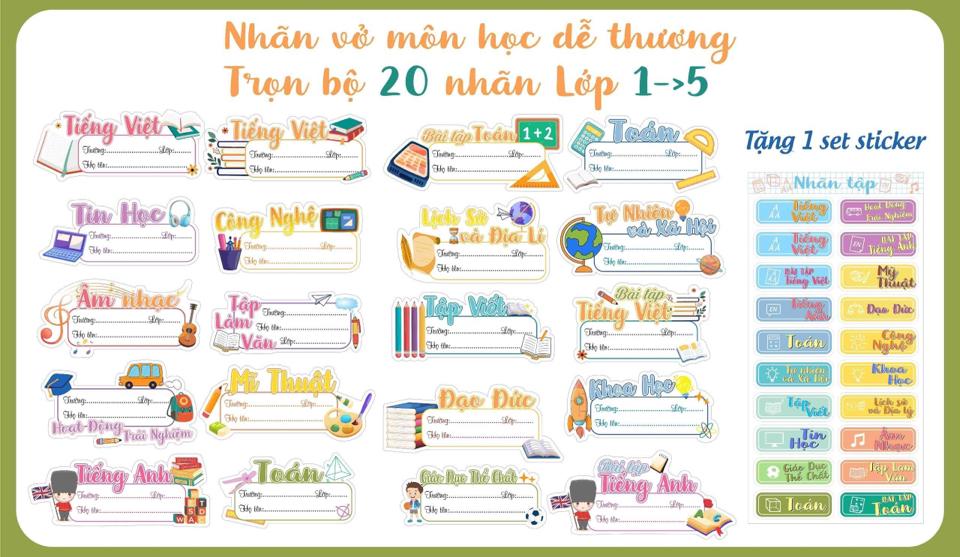Set 20 nhãn vở in theo môn học cấp 1-2-3 -duoc-ban-tai-Trạm Học Tập Miss Trinh