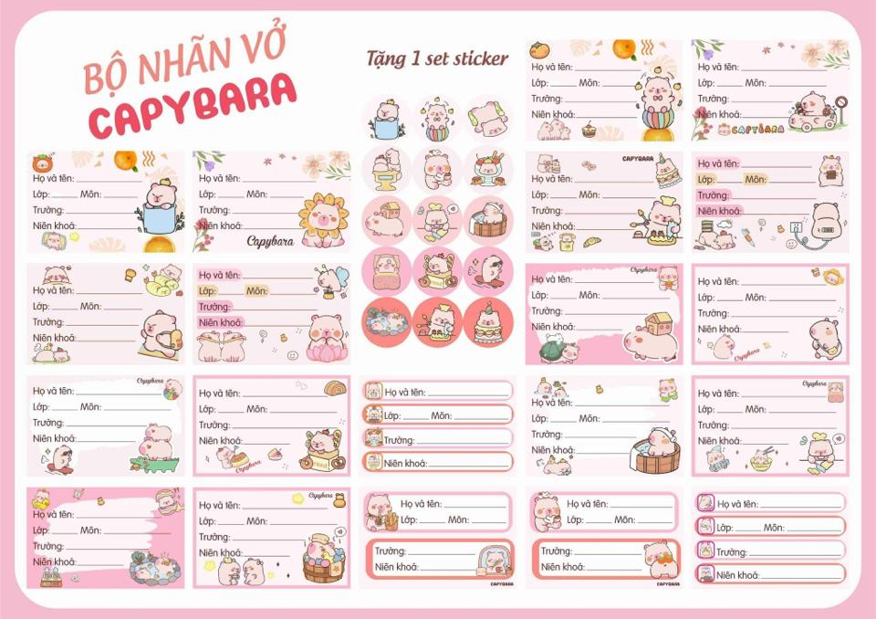 Set 20 nhãn vở Capybara -chiikawa- maltese tặng kèm 15 stickers tròn-duoc-ban-tai-Trạm Học Tập Miss Trinh