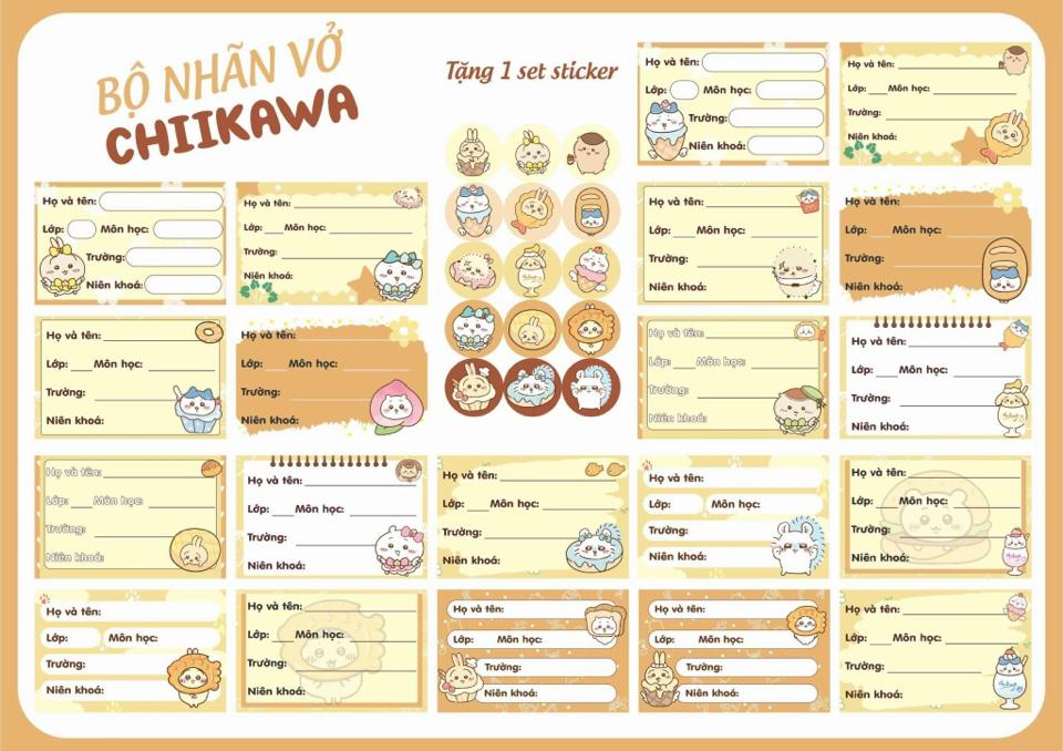 Set 20 nhãn vở Capybara -chiikawa- maltese tặng kèm 15 stickers tròn-duoc-ban-tai-Trạm Học Tập Miss Trinh