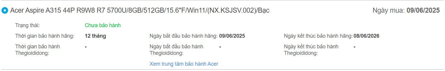 Acer Ryzen 7 5700U ram 8GB 512GB SSD Zin Tem Có Box. Bảo hành TGDĐ 6/2026-duoc-ban-tai-Vi Tính Kim Trân