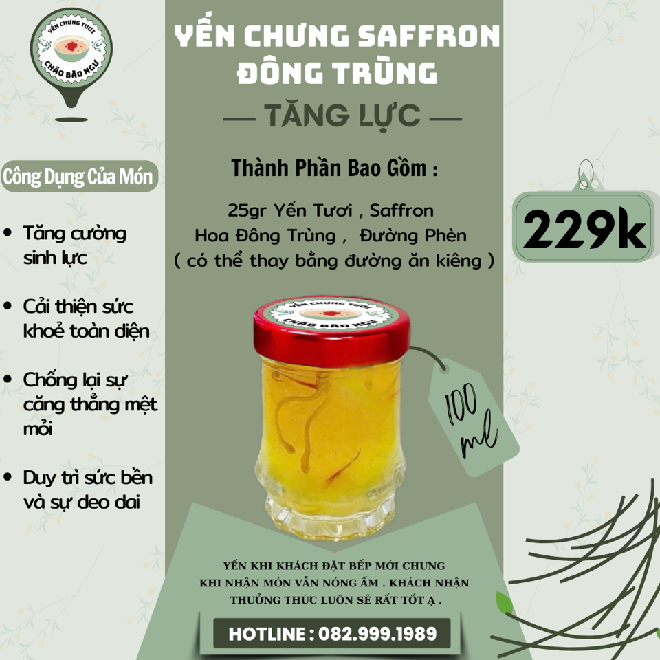 {Tăng Lực Lực} Yến Chưng Tươi Nóng Saffron , Đông Trùng Tăng Cường Sinh Lực -duy Trì Sức Bền( 1 Hũ 100ml-duoc-ban-tai-SÚP BÀO NGƯ VI CÁ