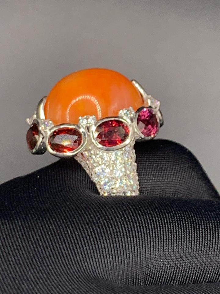 Nhẫn Opal Cam viền Rhodolite khung bạc 925 mạ bạch kim -duoc-ban-tai-💎 T&T JEWELS 💎