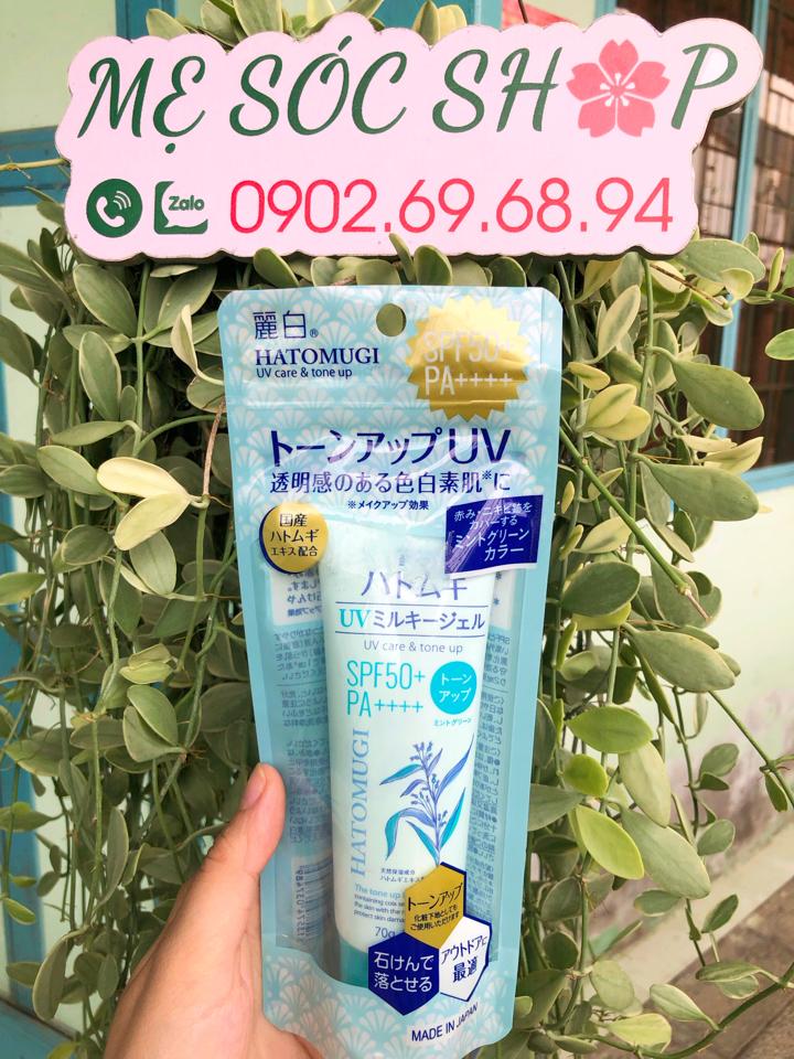 Kem Chống Nắng Hatomugi Nâng Tông, Dưỡng Ẩm SPF 50+, PA++++ (xanh bạc hà) 70g-duoc-ban-tai-Mẹ Sóc Shop - Hàng Nhật Nội Địa