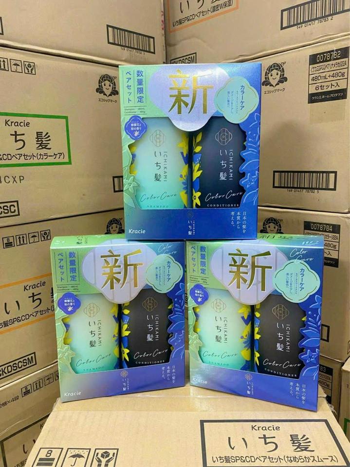 Bộ Dầu Gội Xả Ichikami Kracie Dense W (chai 480ml x 2 xanh & đen) - Chăm sóc tóc nhuộm -duoc-ban-tai-Mẹ Sóc Shop - Hàng Nhật Nội Địa