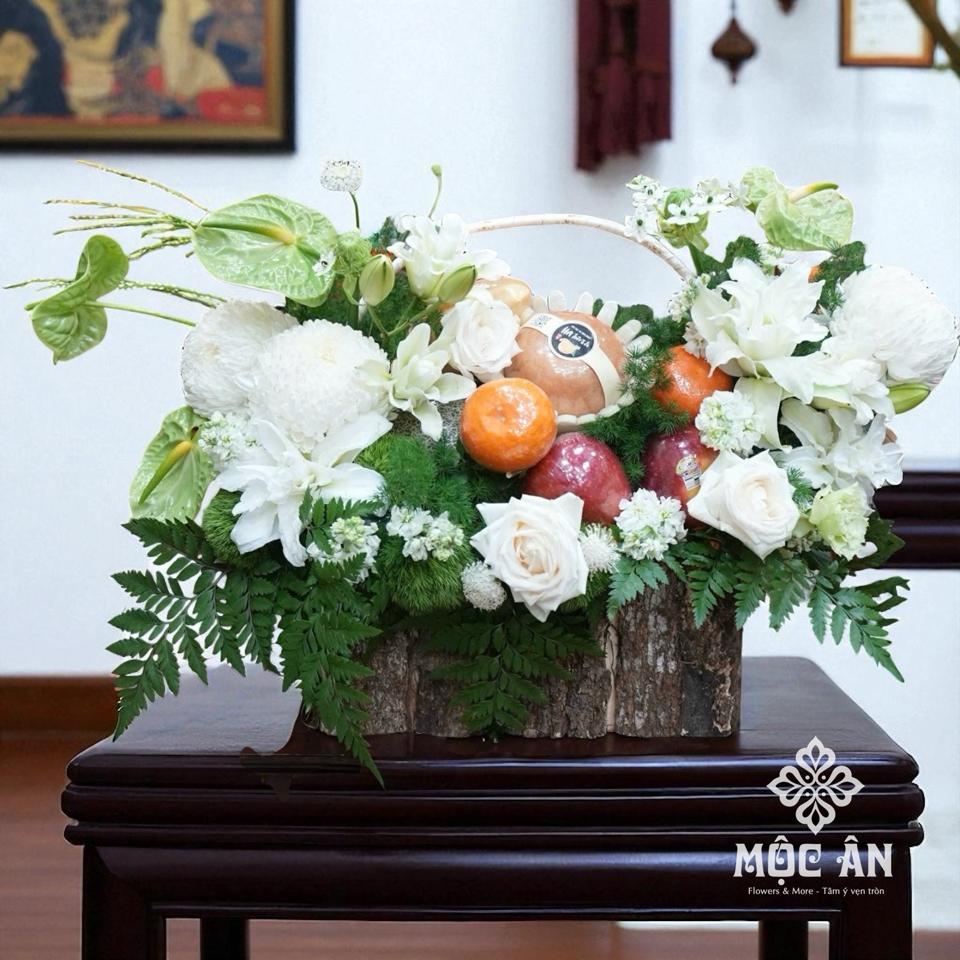 Giỏ Hoa Quả Xanh Hộp Gỗ Lê Hàn - Cam - Táo - Xoài-duoc-ban-tai-HOA LỄ MỘC ÂN