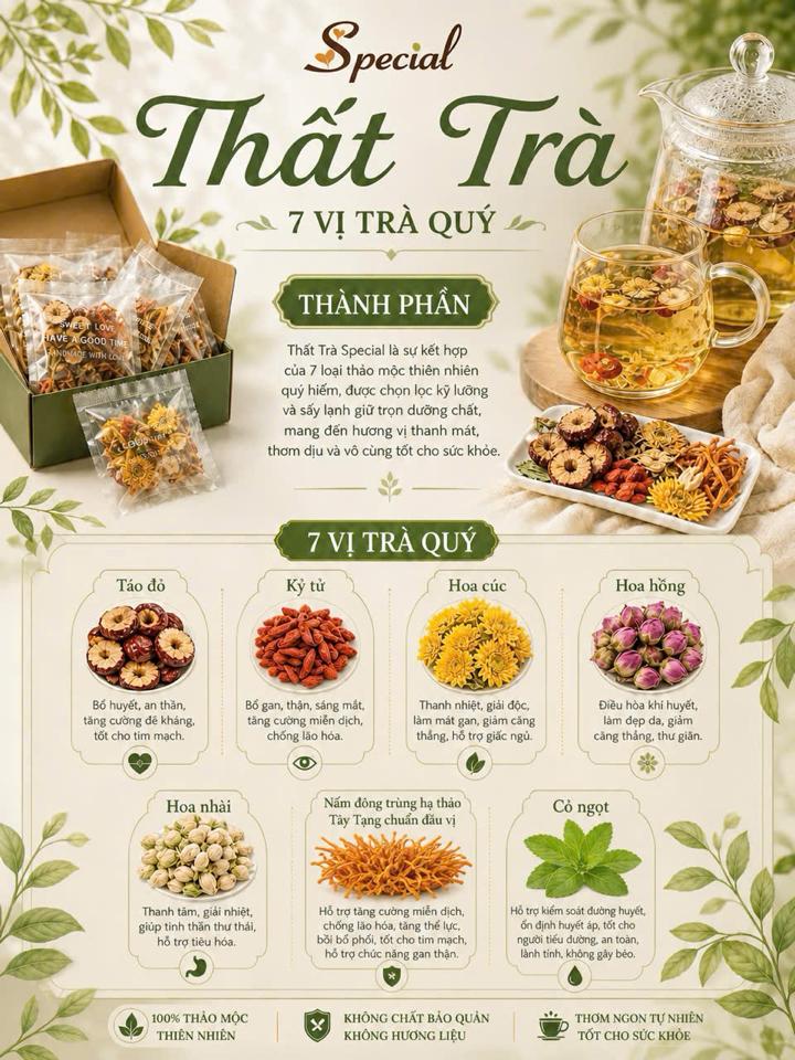 Thất Trà (Nấm đông trùng, kỷ tử, táo đỏ, hoa cúc, hoa hồng, hoa nhài, cỏ ngọt)-duoc-ban-tai-Siêu thị Special