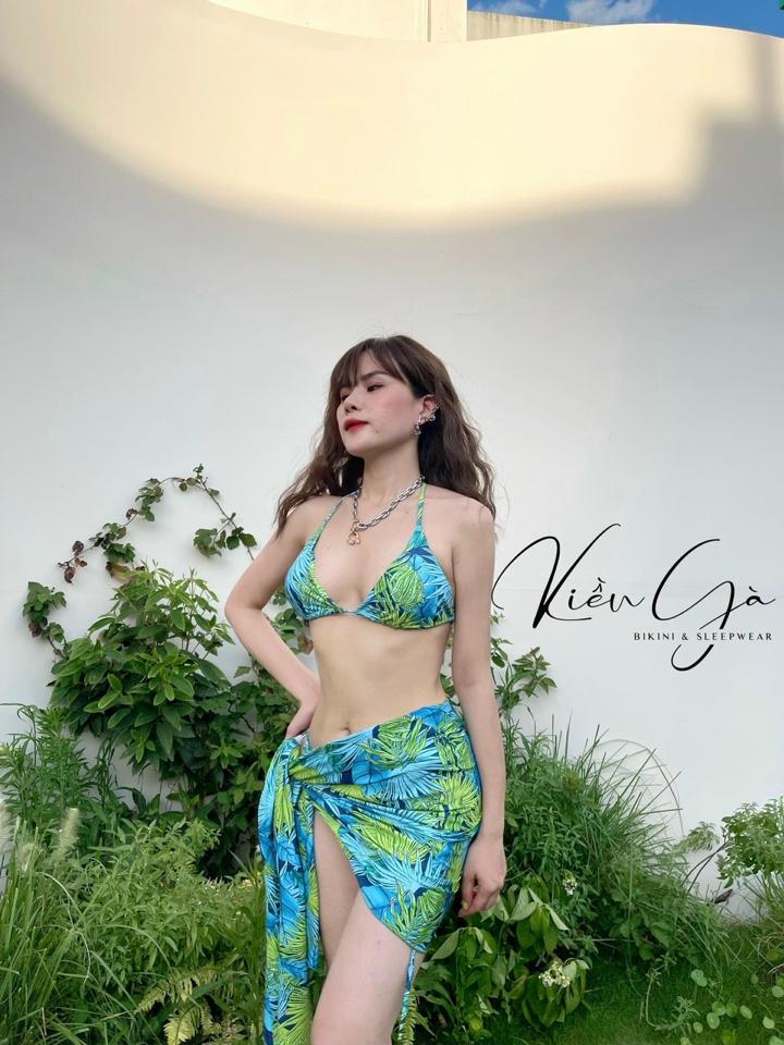 Hai mảnh xanh dương lá cọ + khăn  -duoc-ban-tai-Lạc Bikini