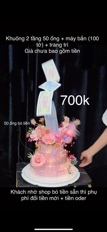 Bánh kem tiền 2 tầng có may bắn tiền -duoc-ban-tai-Tiệm Hoa Ulie quận 12 HCM