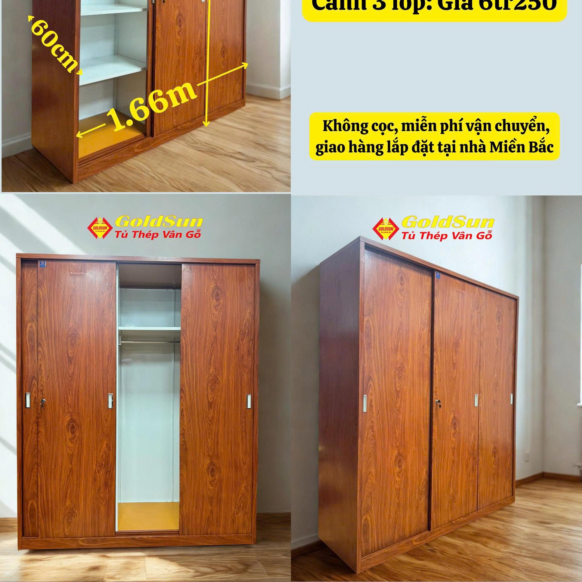 Tủ quần áo 3 cánh lùa rộng 1,66m cao 2,02m sâu 60cm-duoc-ban-tai-GOLDSUN - TỦ THÉP, GIƯỜNG THÉP, BÀN HỌC THÉP VÂN GỖ