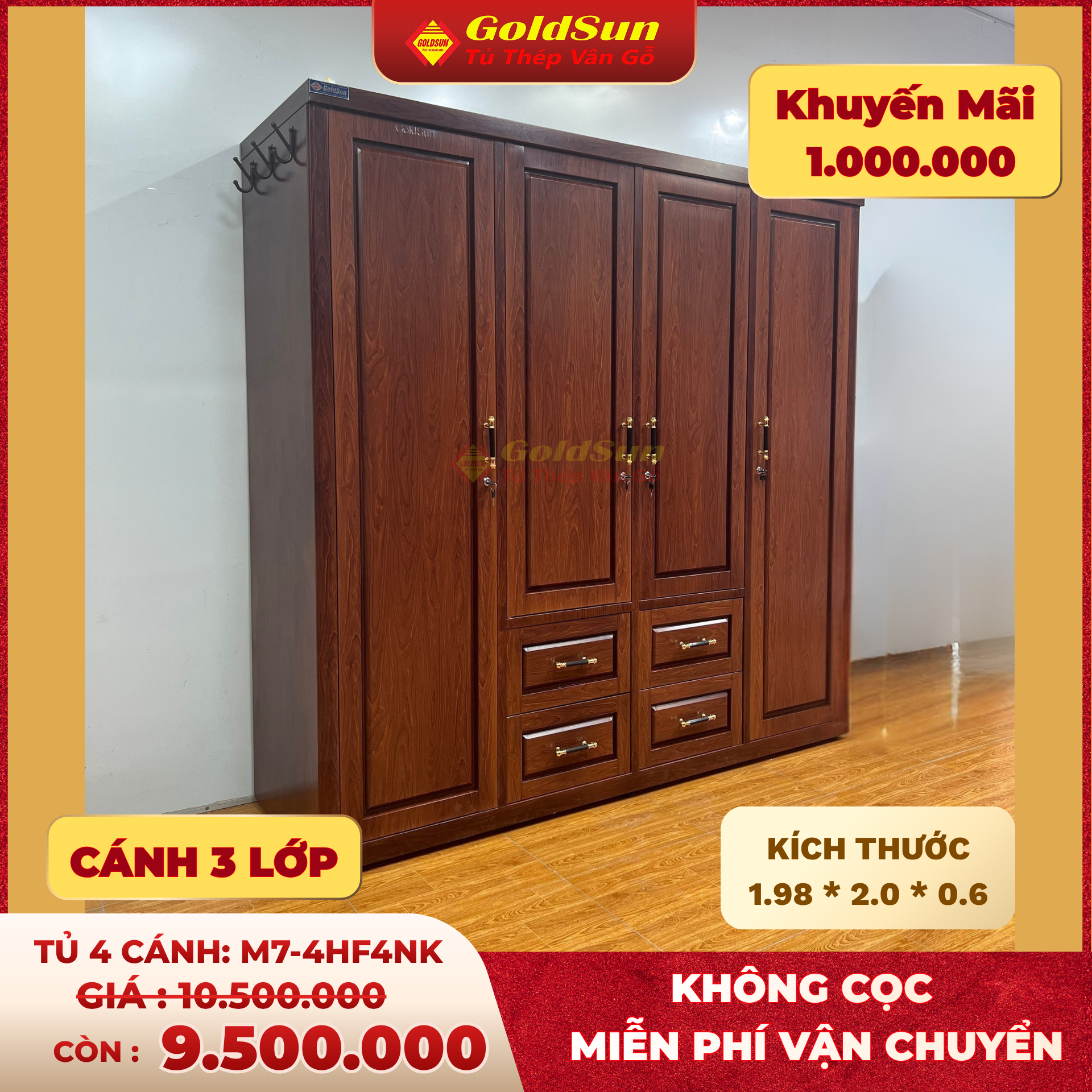Tủ M7-4 cánh 4 ngăn kéo-duoc-ban-tai-GOLDSUN - TỦ THÉP, GIƯỜNG THÉP, BÀN HỌC THÉP VÂN GỖ
