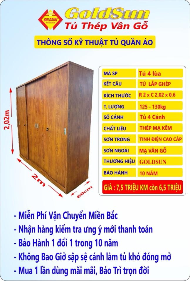 Tủ 4 cánh lùa rộng 2m cao 2,06m-duoc-ban-tai-GOLDSUN - TỦ THÉP, GIƯỜNG THÉP, BÀN HỌC THÉP VÂN GỖ