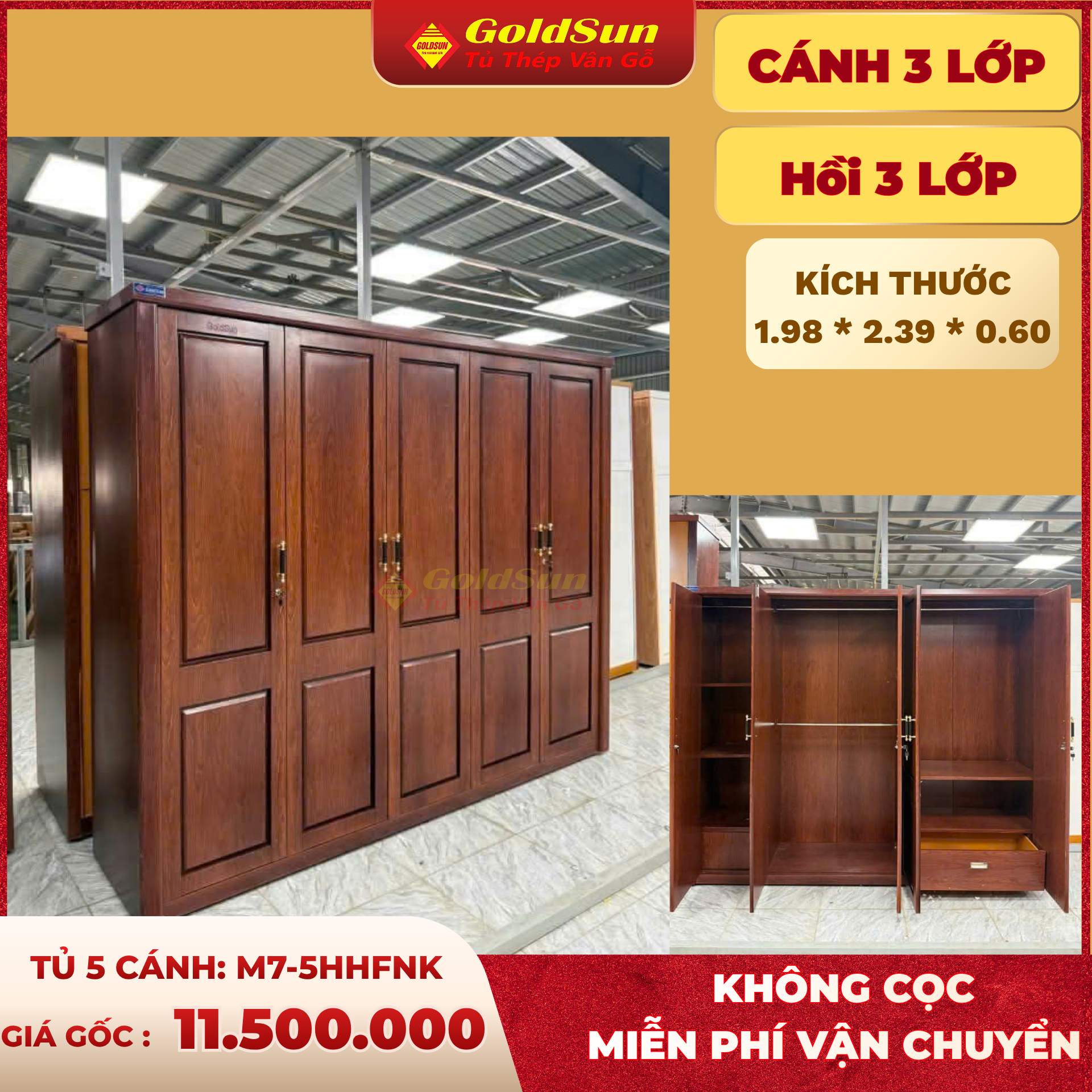 Tủ 5 cánh huỳnh hồi foam có ngăn kéo mẫu M7-duoc-ban-tai-GOLDSUN - TỦ THÉP, GIƯỜNG THÉP, BÀN HỌC THÉP VÂN GỖ